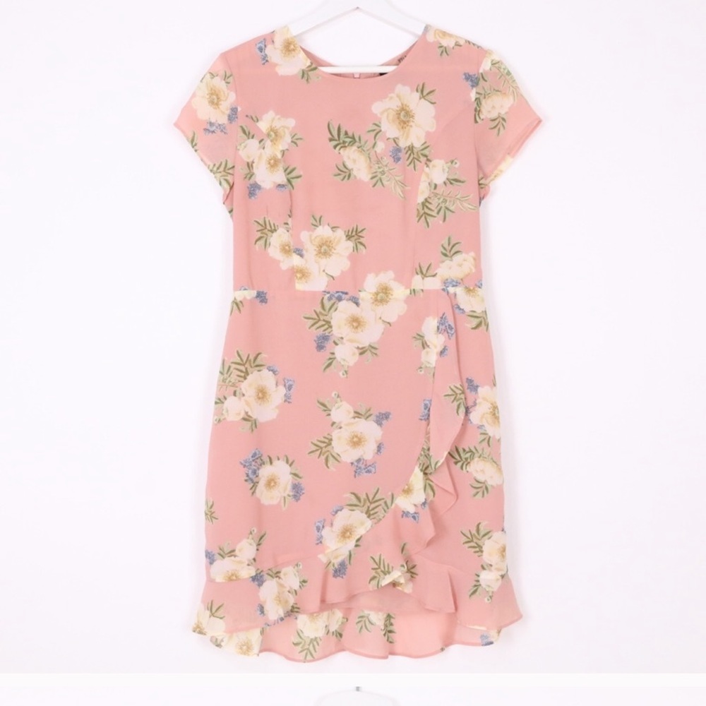 Bardot pink floral lace back dress with ruffle